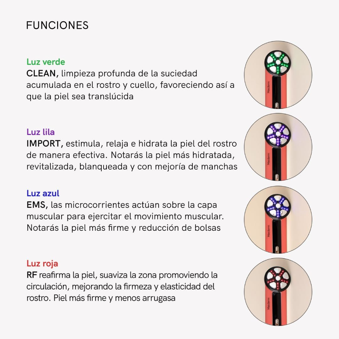 MASDERM - Masajeador Facial Eléctrico 4 En 1, Aparato De Radiofrecuencia Con Luz LED, Tratamiento Facial Reafirmante Y Antiedad Mujer, Efecto Lifting Para Cara Y Cuello, Piel Firme Y Radiante
